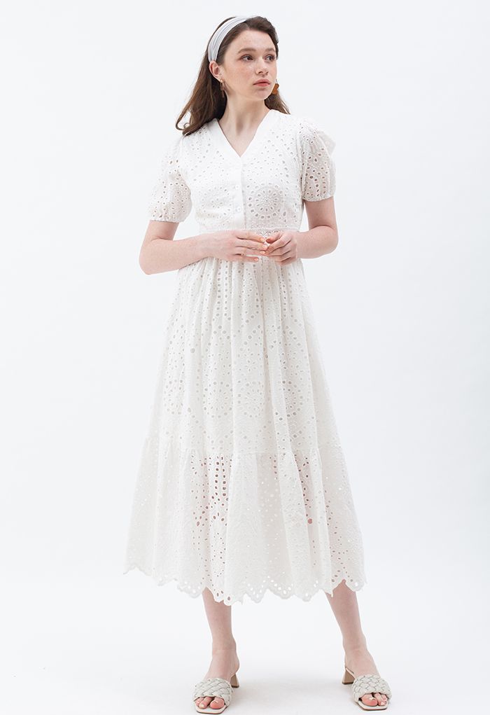 Exaggerated Floral Eyelet Embroidery V-Neck Midi Dress