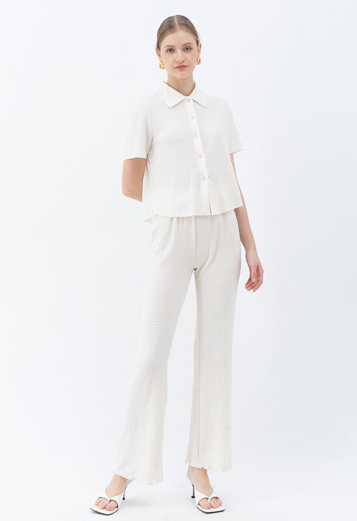 Embossed Raw-Cut Shirt and Lettuce Hem Pants Set in Ivory
