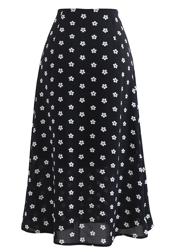 Daisy Print High-Waisted A-Line Midi Skirt in Black