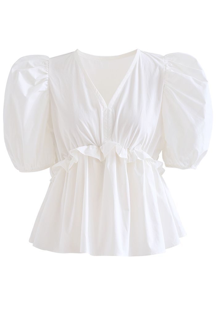 High Ruffle Waist V-Neck Bubble Sleeve Top in White