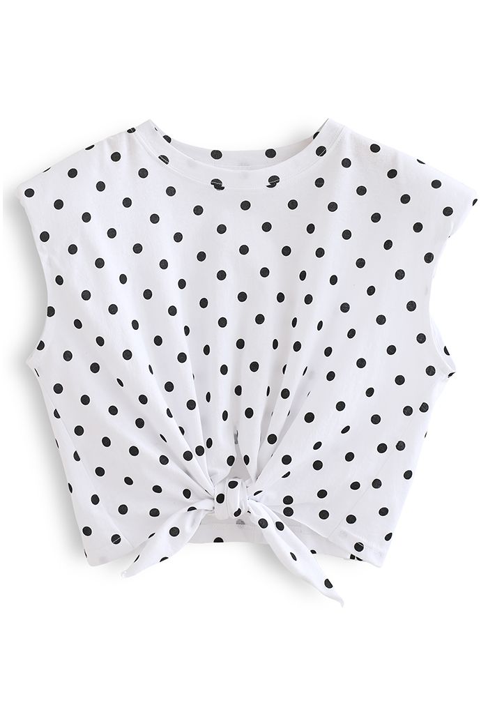Knot Front Pad Shoulder Dotted Top in White