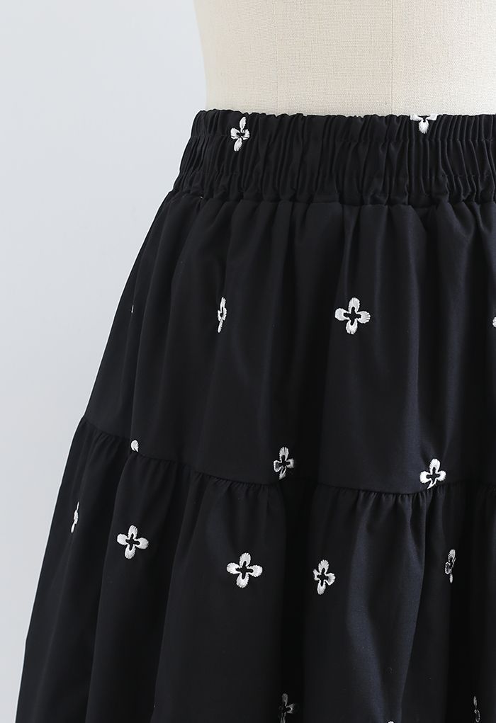 Clover Embroidered Frilling Mini Skirt in Black
