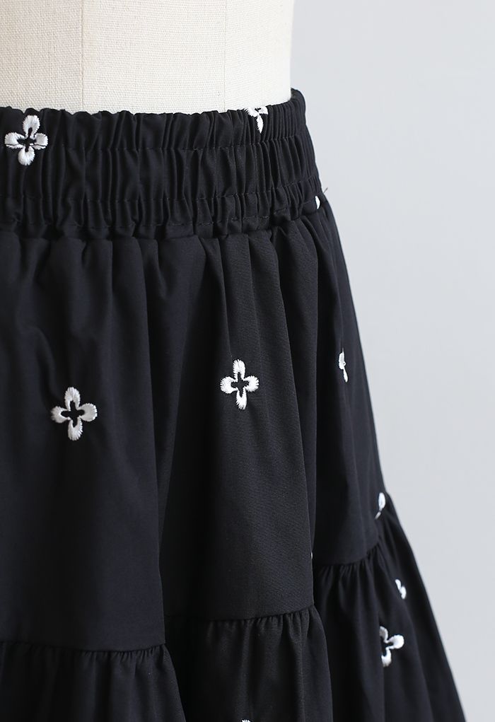 Clover Embroidered Frilling Mini Skirt in Black