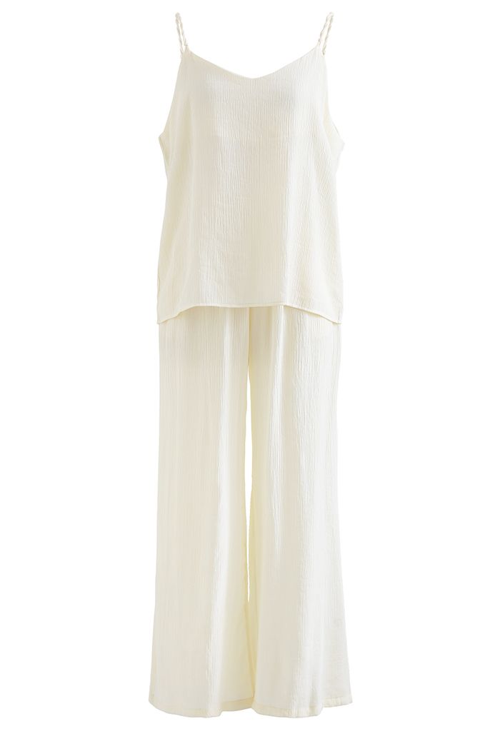 Braided Straps Tank Top and Straight Leg Pants Set in Cream