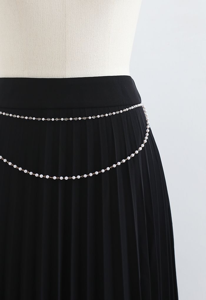 Draped Chain Pleated Midi Skirt in Black