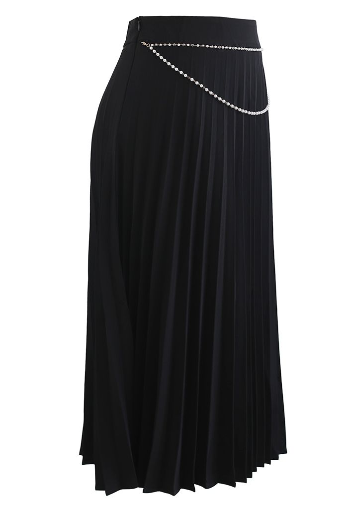 Draped Chain Pleated Midi Skirt in Black