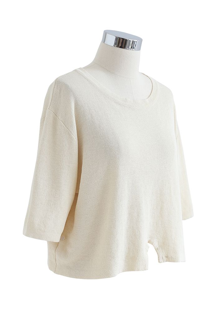 Round Neck Rib Knit Cropped Top in Cream