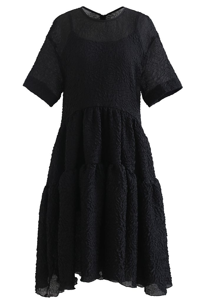 Frilling Embossed Glittery Sheer Dolly Dress in Black