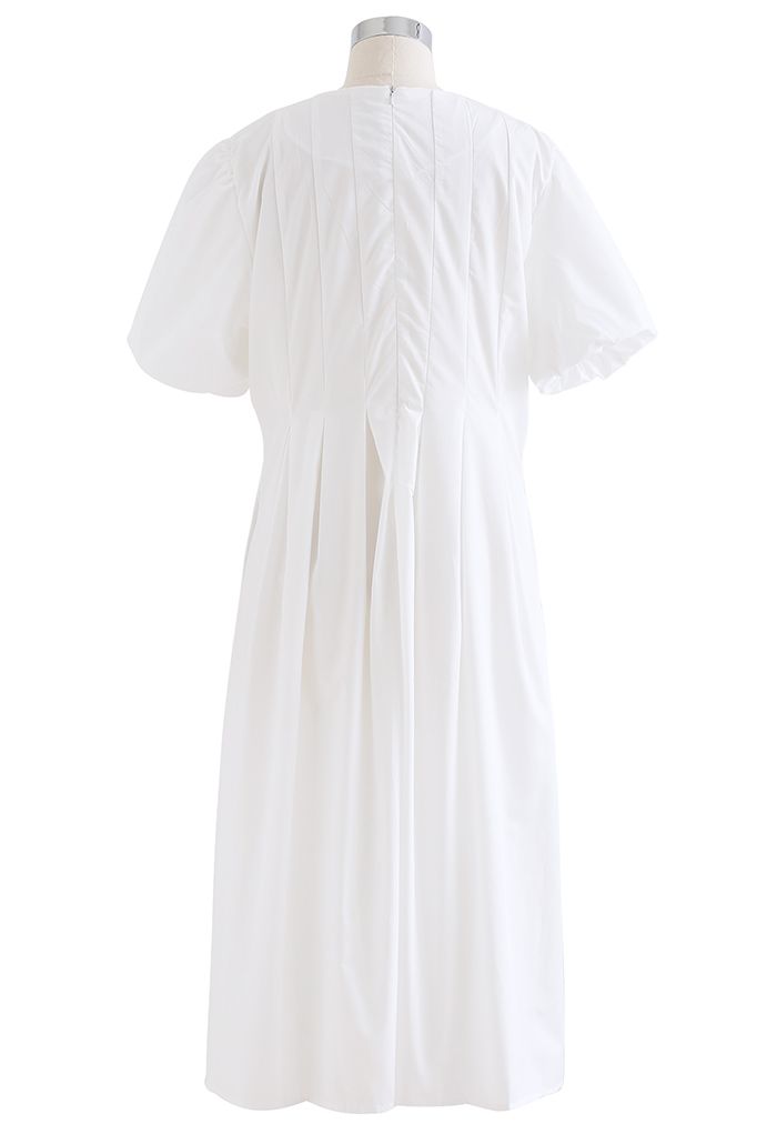Puff Short Sleeve Pleated Midi Dress in White