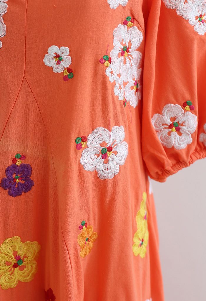Plunging V-Neck Petal Embroidered Dolly Dress in Coral