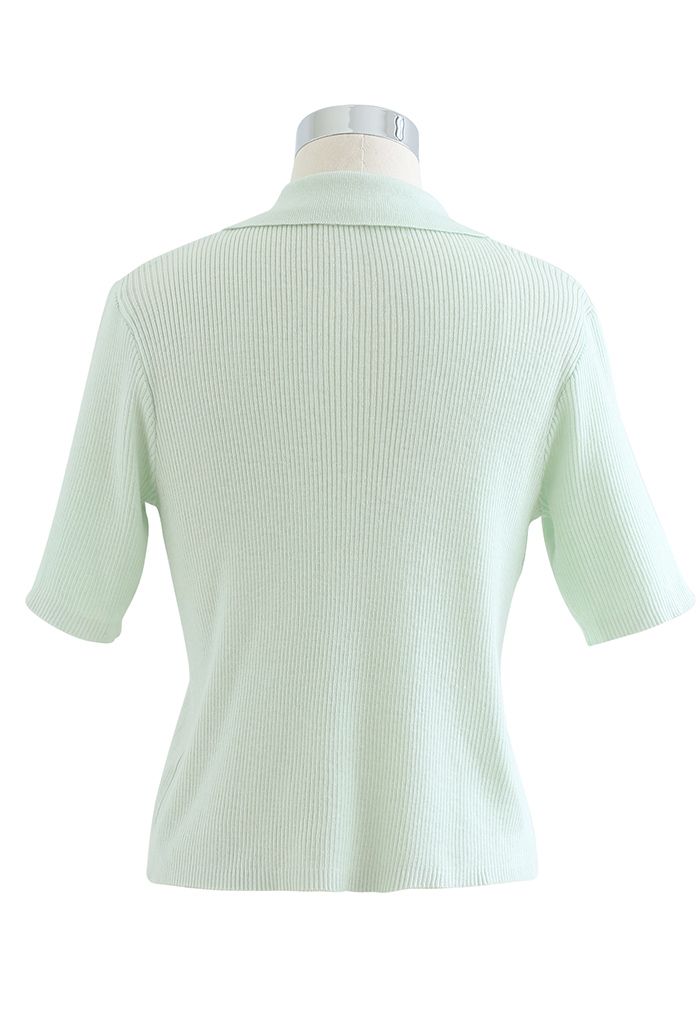 Double Zippers Short Sleeve Rib Knit Cardigan in Light Green