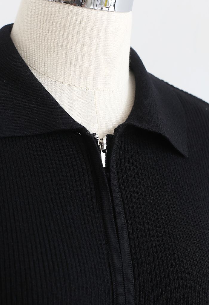 Double Zippers Short Sleeve Rib Knit Cardigan in Black