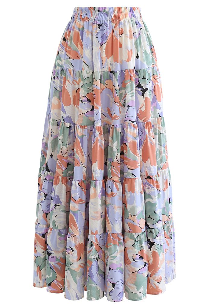 Wondrous Floral Frilling Chiffon Maxi Skirt in Lavender