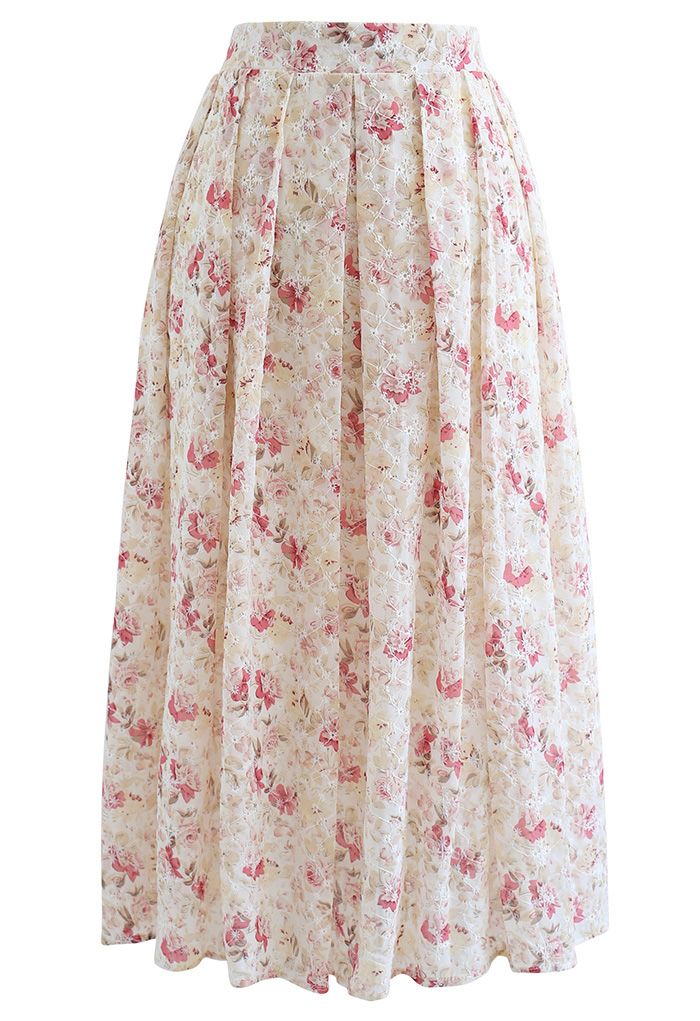 Pinky Floral Print Embroidered Eyelet Pleated Skirt