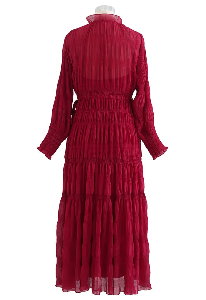 Full Shirring Side Drawstring Chiffon Dress in Red