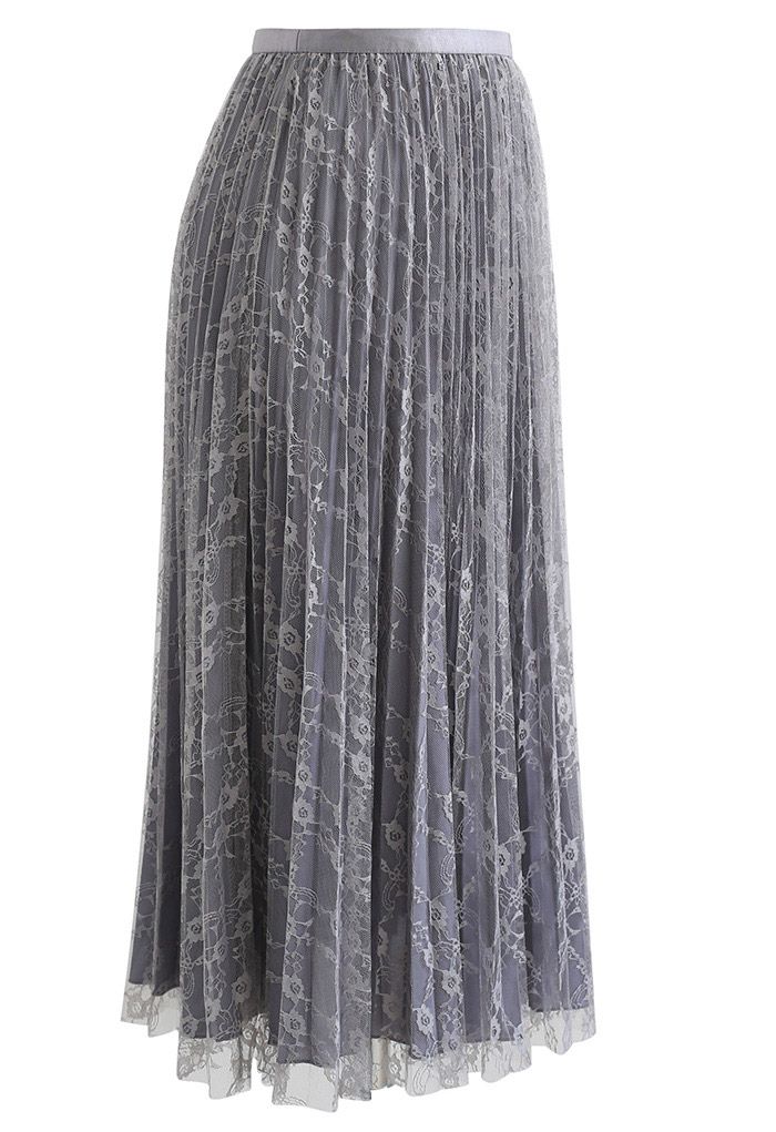 Full Lace Pleated Midi Skirt in Grey