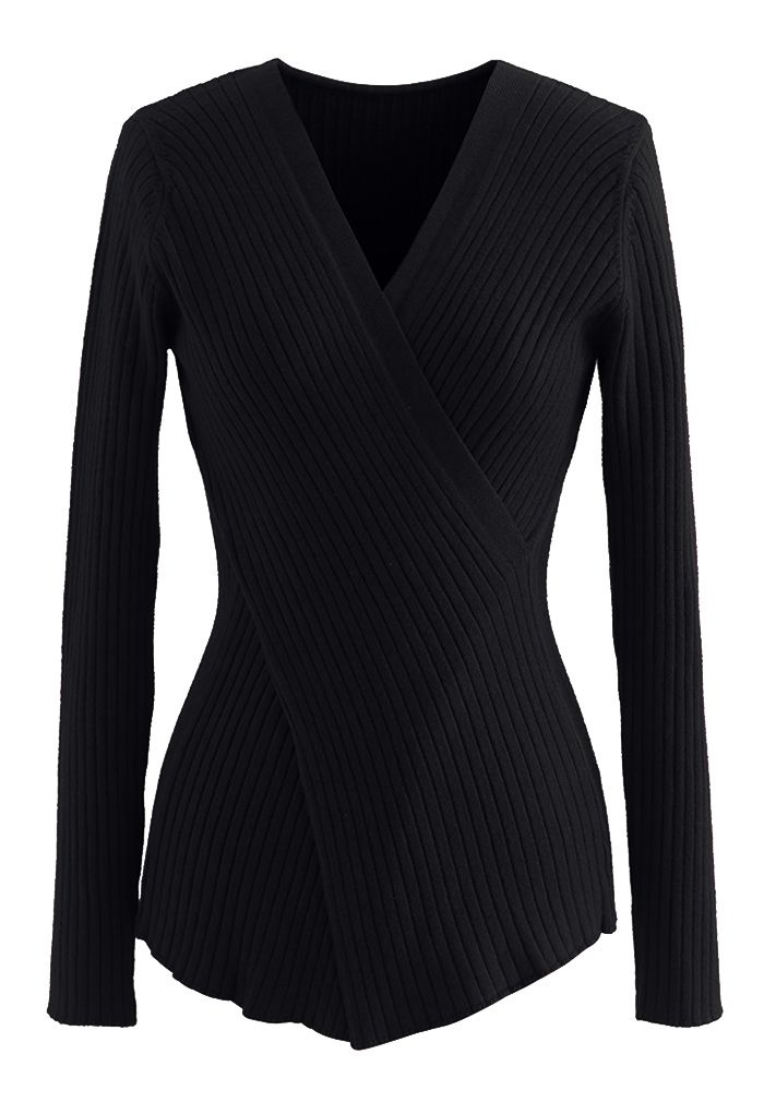 Crisscross Fitted Rib Knit Top in Black