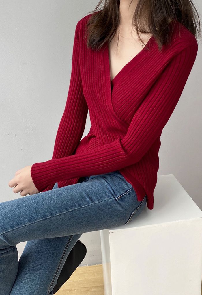 Crisscross Fitted Rib Knit Top in Wine