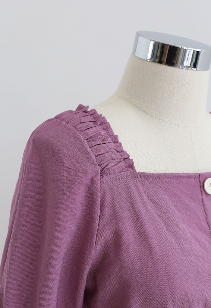 Square Neck Button Trim Crop Top in Berry