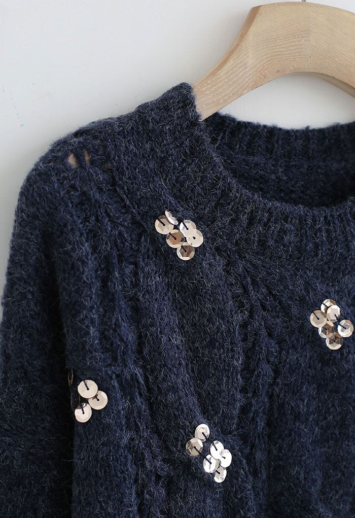 Braid Sequin Embellished Fuzzy Knit Sweater in Navy