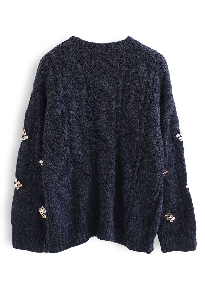 Braid Sequin Embellished Fuzzy Knit Sweater in Navy