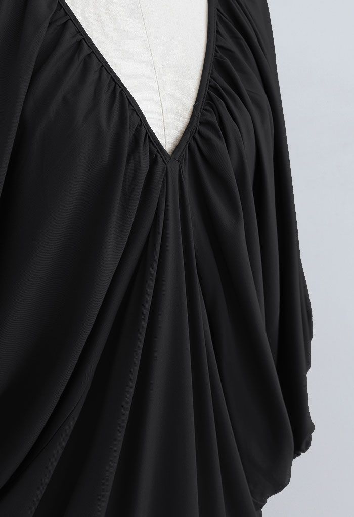 Dolman Sleeve Plunge Neck Midi Dress in Black