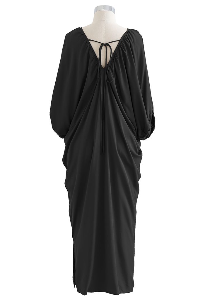 Dolman Sleeve Plunge Neck Midi Dress in Black