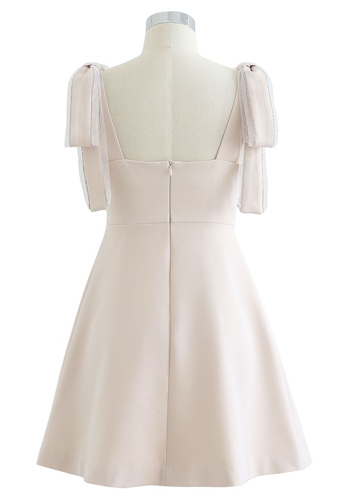 Bowknot Shoulder Crystal Edge Mini Dress in Cream
