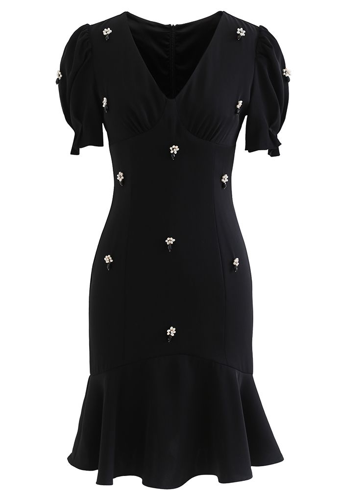 Crystal Embellished Frilling Dress in Black