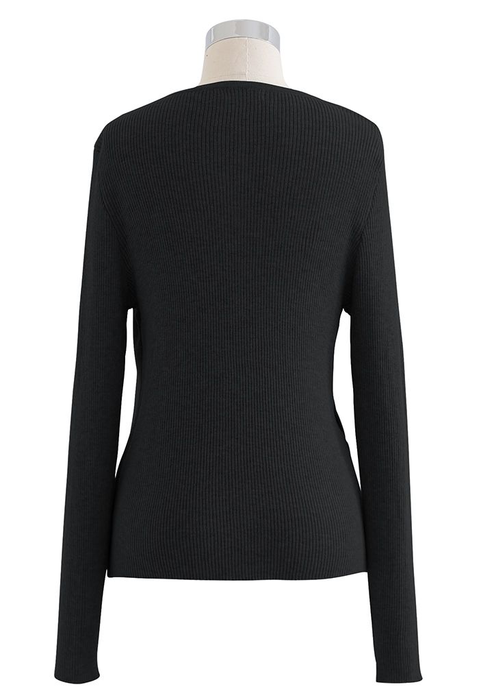 Button Wrapped Knit Top in Black