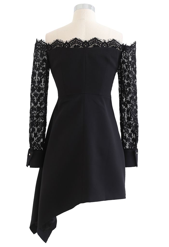 Lace Sleeves Off-Shoulder Asymmetric Flare Dress
