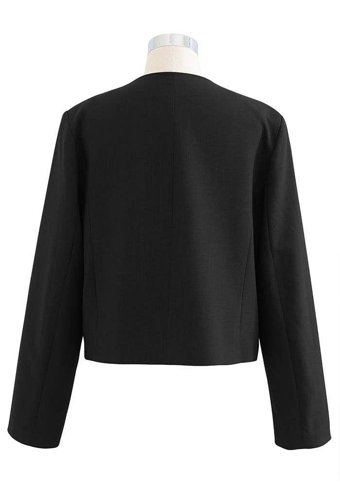 Collarless Pad Shoulder Crop Blazer in Black