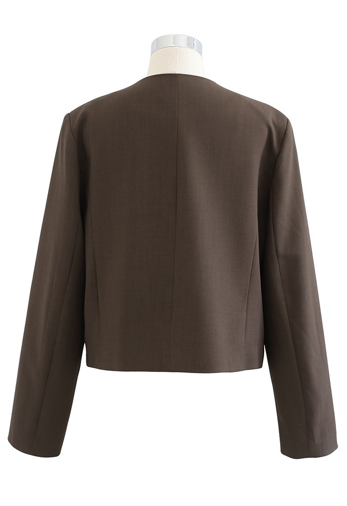Collarless Pad Shoulder Crop Blazer in Brown