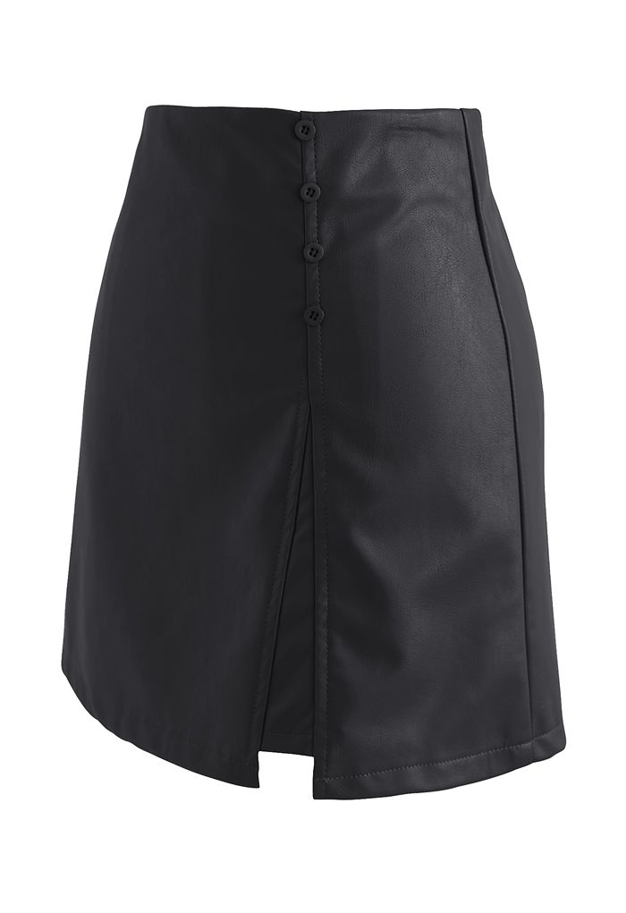 Polished Button Trim Faux Leather Bud Skirt in Black