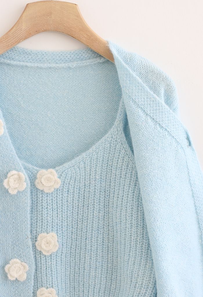 Stitched Flower Knit Cami Top and Cardigan Set in Baby Blue