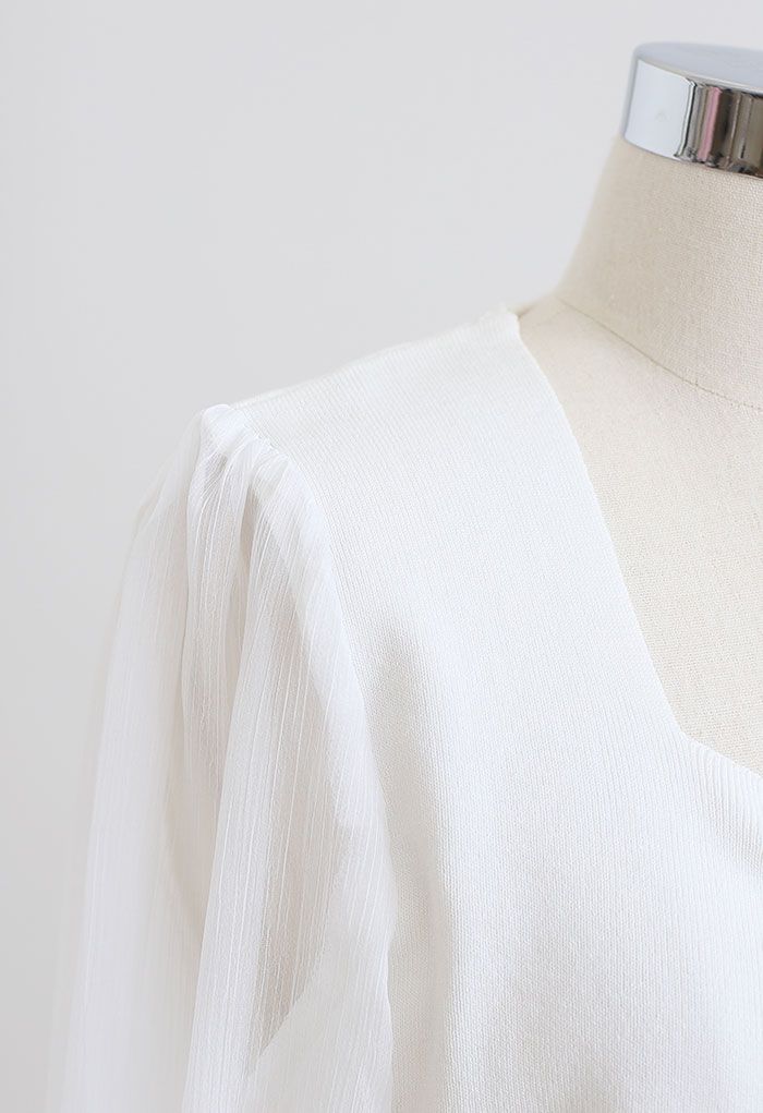 Sweetheart Neck Pearly Spliced Knit Top in White