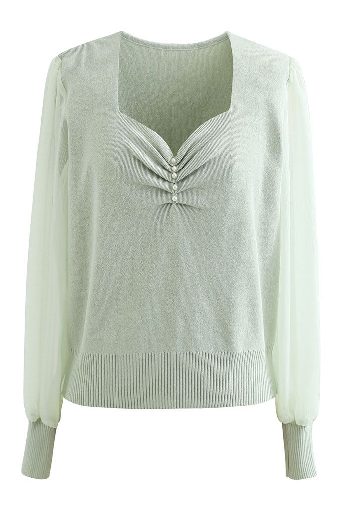 Sweetheart Neck Pearly Spliced Knit Top in Mint
