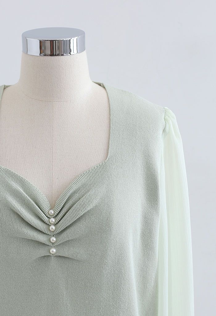 Sweetheart Neck Pearly Spliced Knit Top in Mint