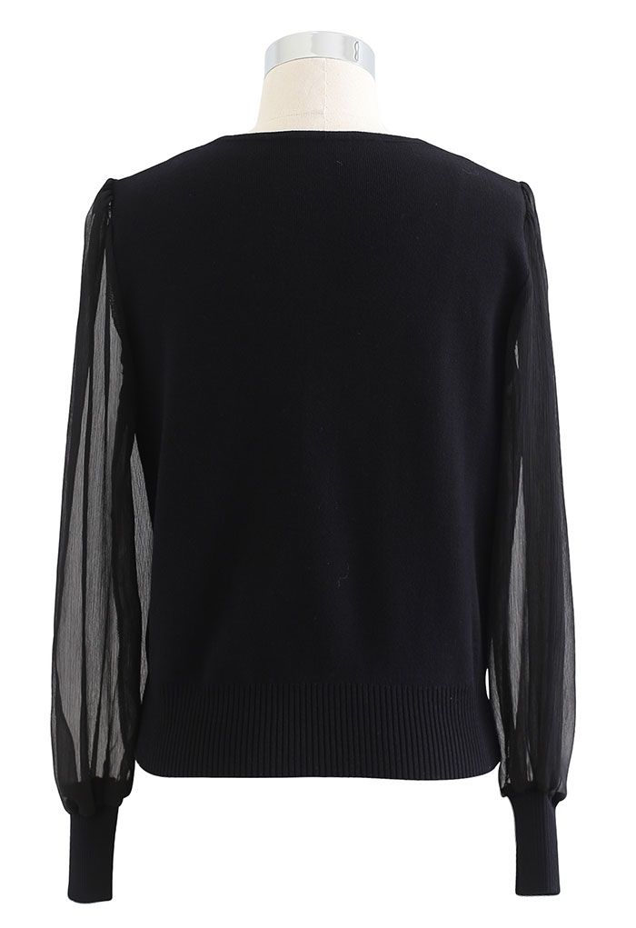 Sweetheart Neck Pearly Spliced Knit Top in Black