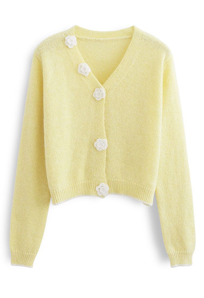 Stitched Flower Knit Cami Top and Cardigan Set in Yellow