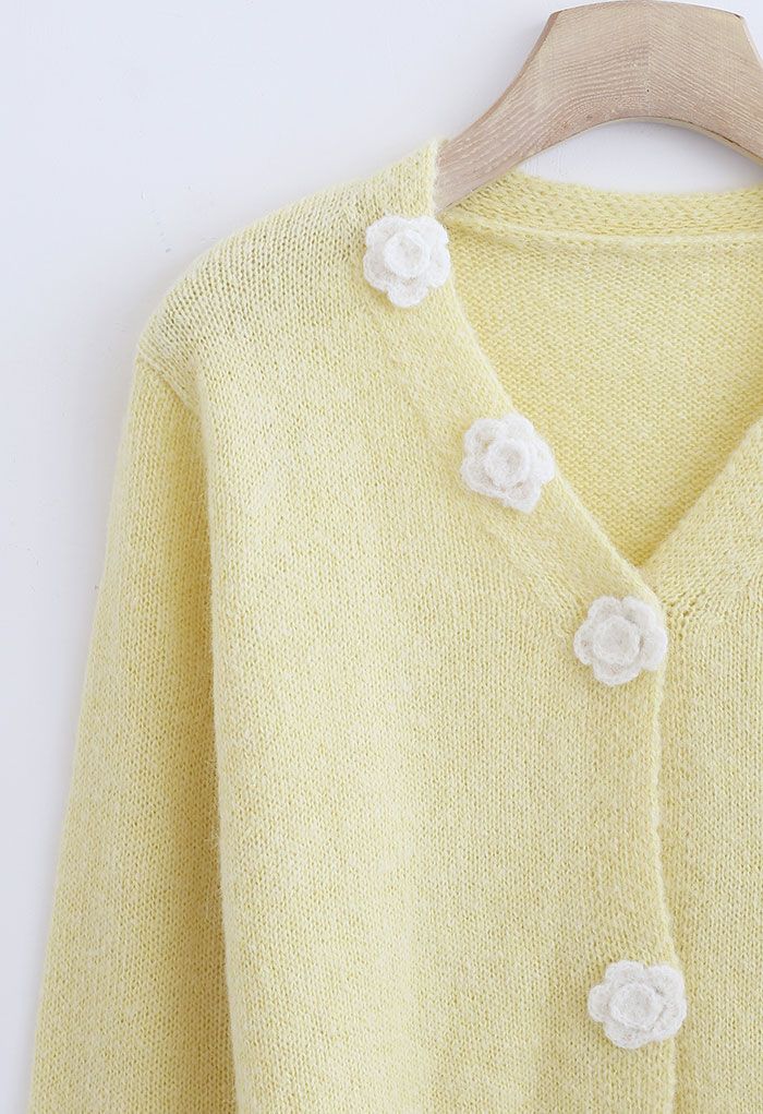 Stitched Flower Knit Cami Top and Cardigan Set in Yellow