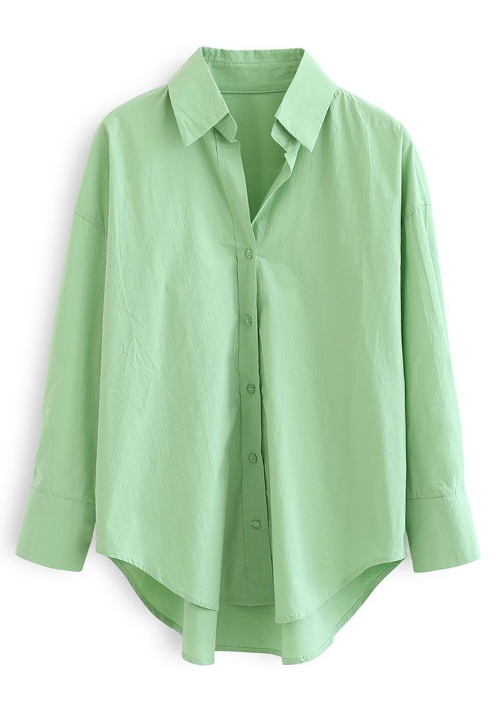 Oversized Button Down Hi-Lo Shirt in Green