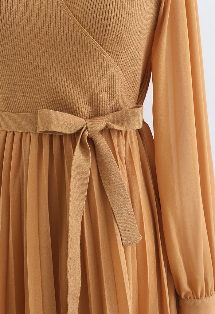 Knit Spliced Self-Tie Pleated Wrap Midi Dress in Caramel