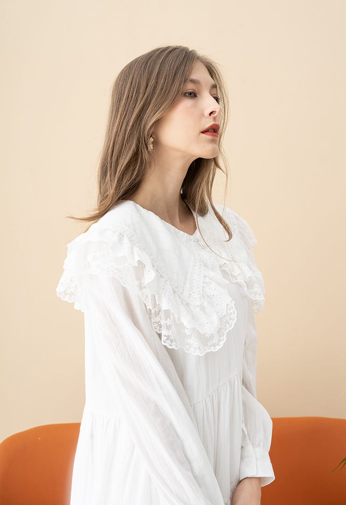 Peter Pan Collar Embroidered Mini Dolly Dress in White