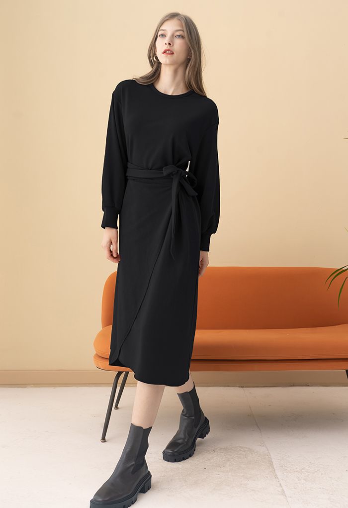 Self-Tie Flap Front Midi Dress in Black