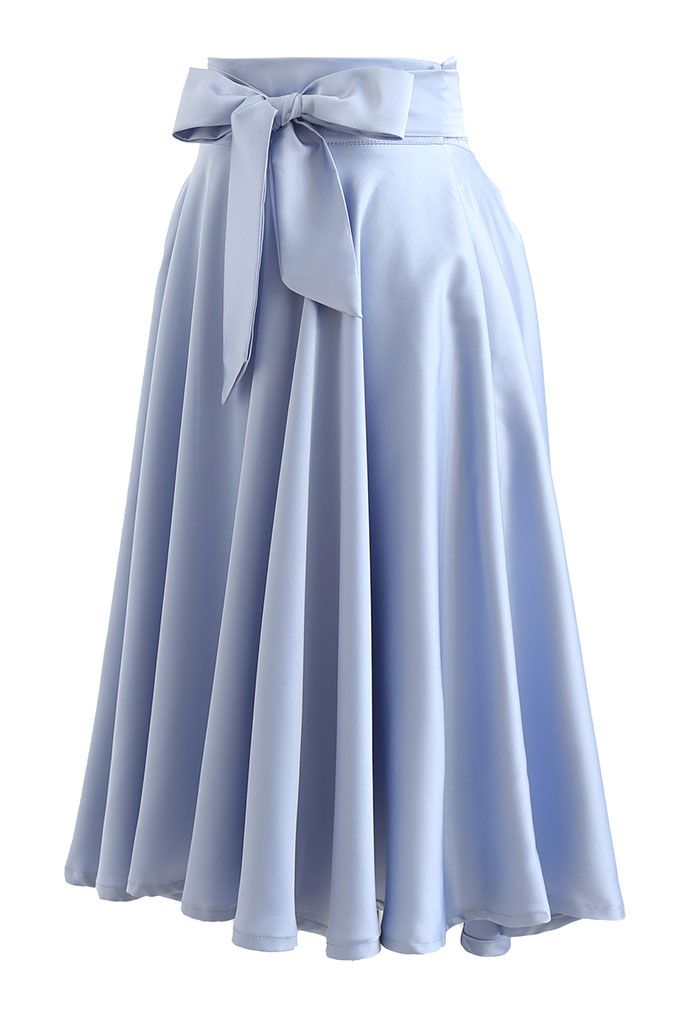 Flare Hem Bowknot Waist Midi Skirt in Blue