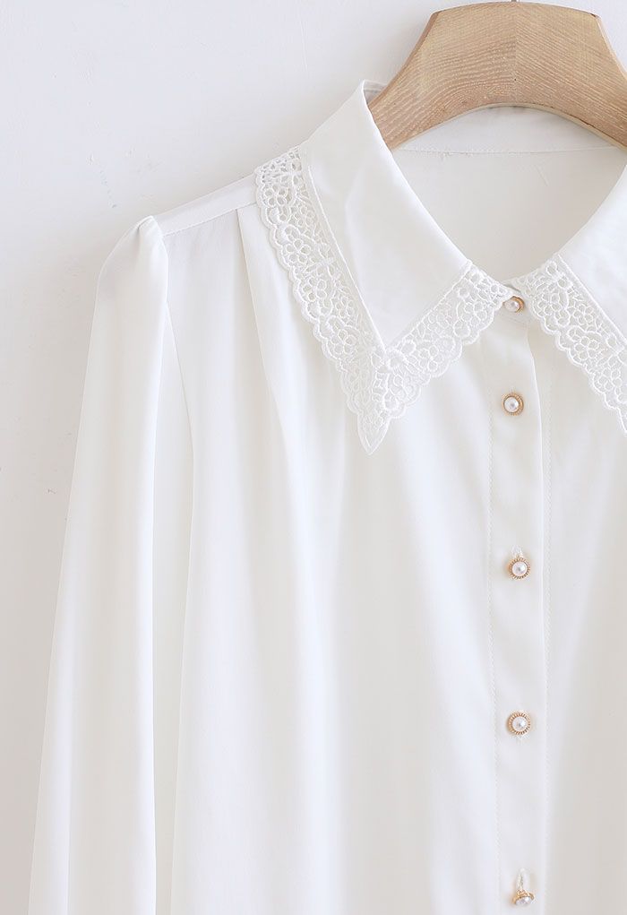 Lacey Collar Button Down Sleek Shirt in White