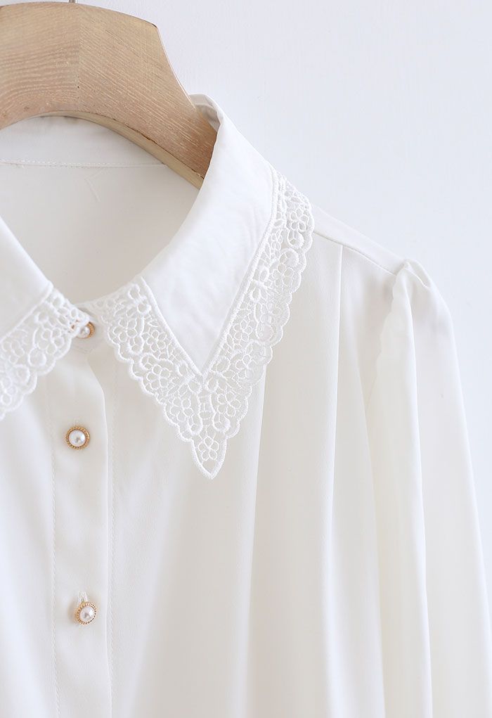 Lacey Collar Button Down Sleek Shirt in White