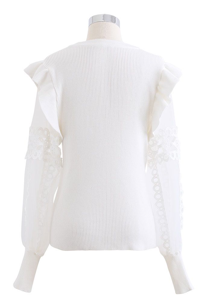Lace-Adorned Mesh Sleeve Knit Top in White - Retro, Indie and Unique ...