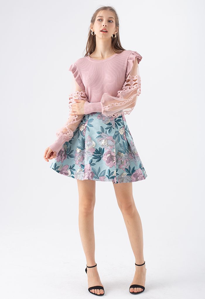 In Bloom Jacquard Flare Mini Skirt in Mint